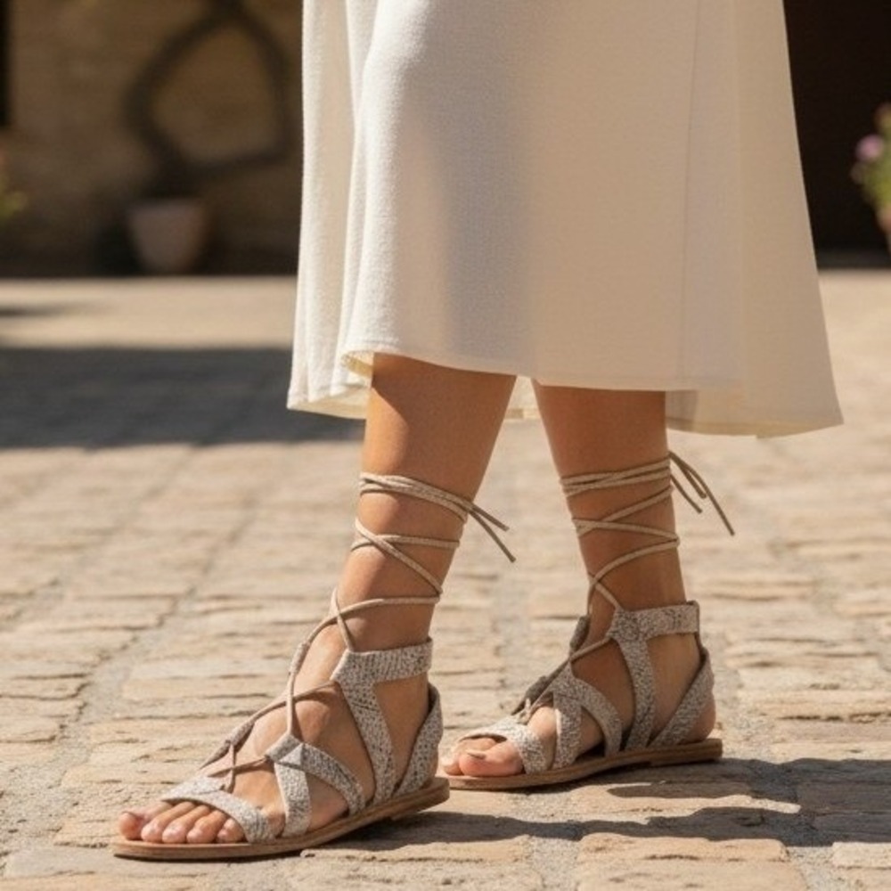 Free People Snakeskin Embossed Leather Gladiator Lace Up Sandals Cream Tan 38